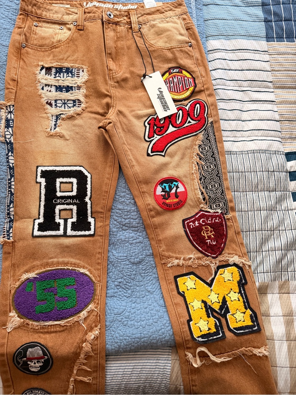 Men's Patchwork Distressed Jeans - Brown